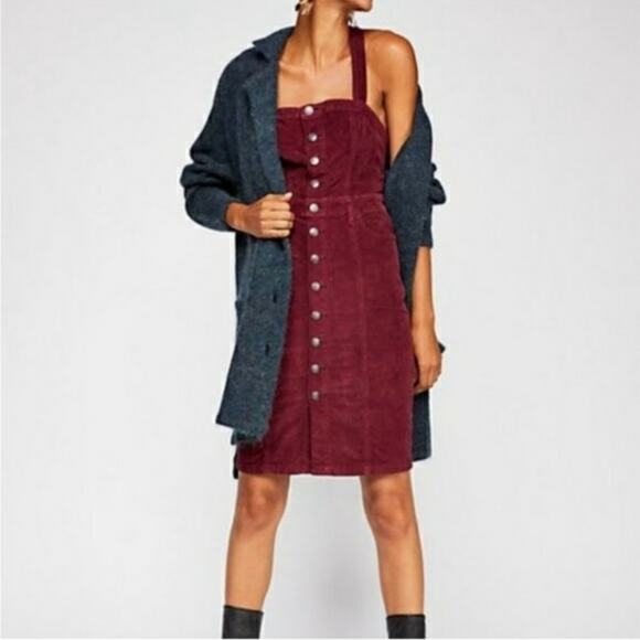 Free People Women's Burgundy Corduroy Overall Dress Size 10 - Picture 1 of 8